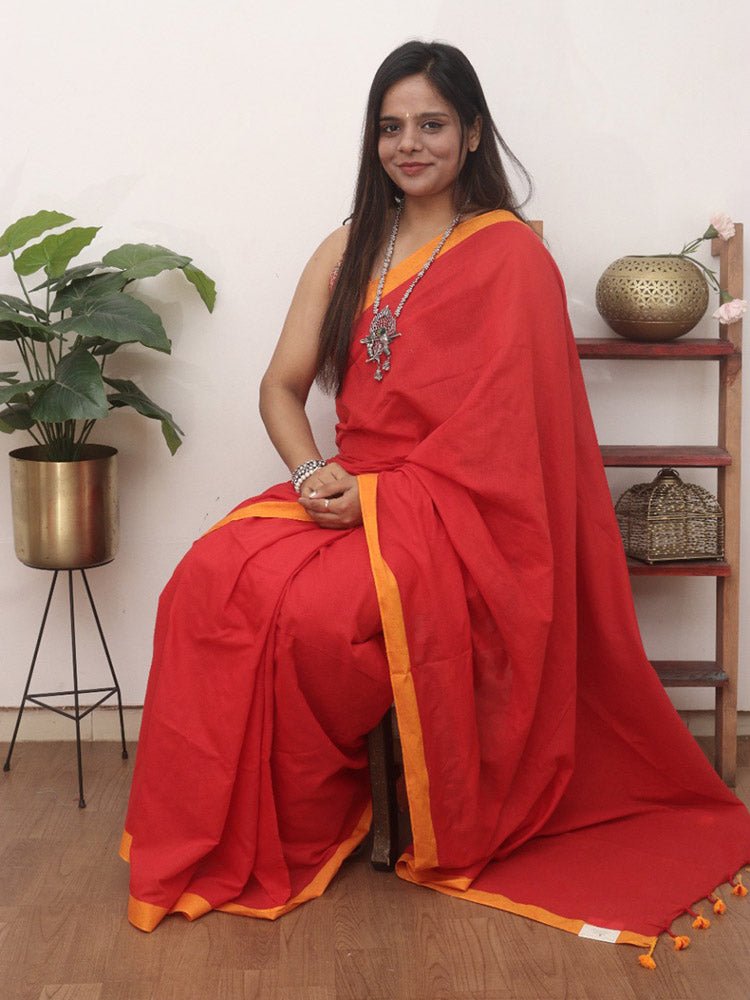 Casual Wear Green And Red Chanderi Cotton Plain Saree, With Blouse, 5.5 m  at Rs 329/piece in Surat