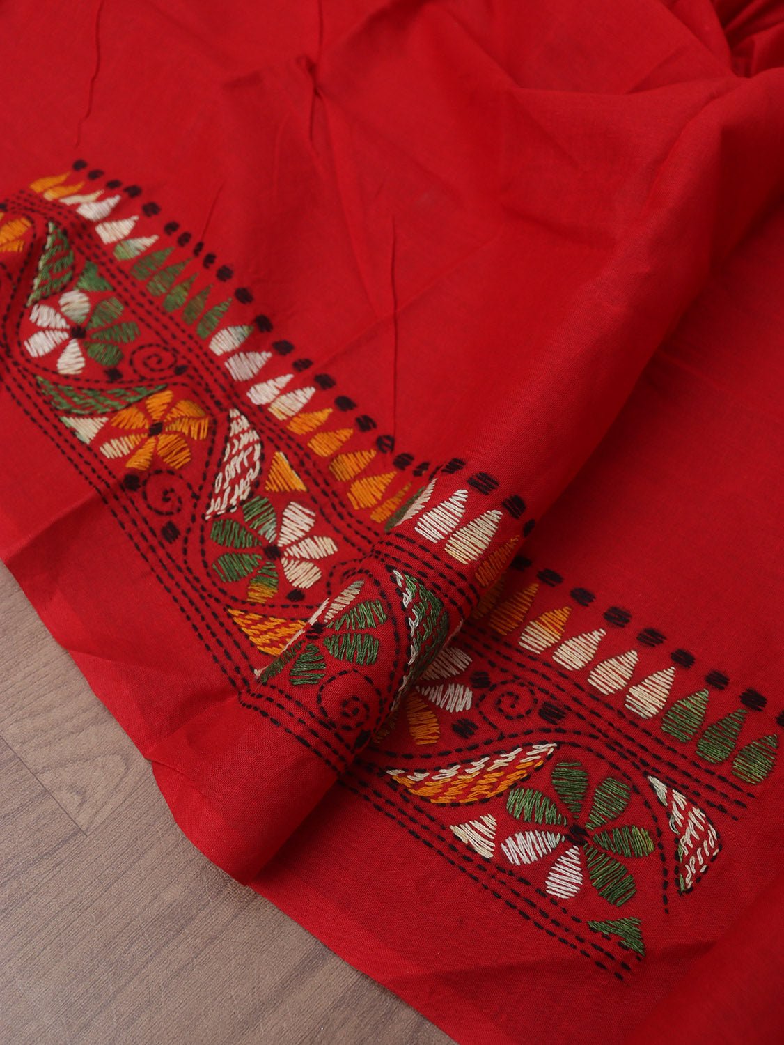 Red Embroidered Kantha Cotton Blouse Piece Fabric ( 1 Mtr ) - Buy Now