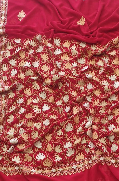 Red Embroidered Kashmiri Aari Work Georgette Saree - Luxurionworld