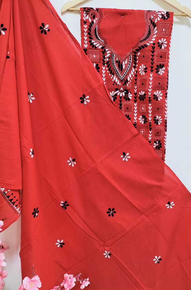 Stunning Red Hand Embroidered Kantha Cotton Suit Set – Luxurion World
