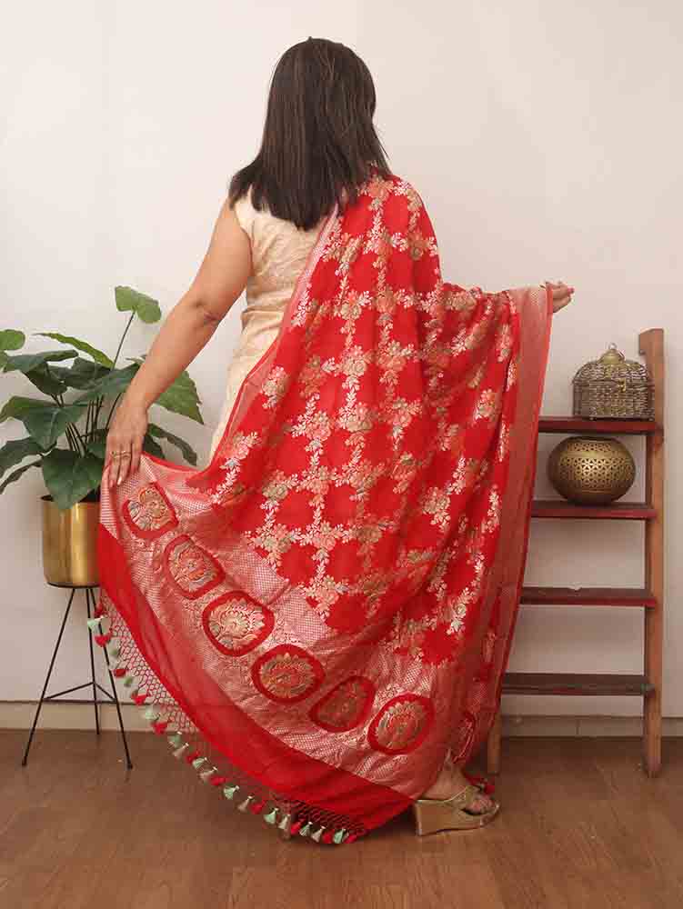 Red Handloom Banarasi Pure Georgette Brush Dye Dupatta - Luxurion World