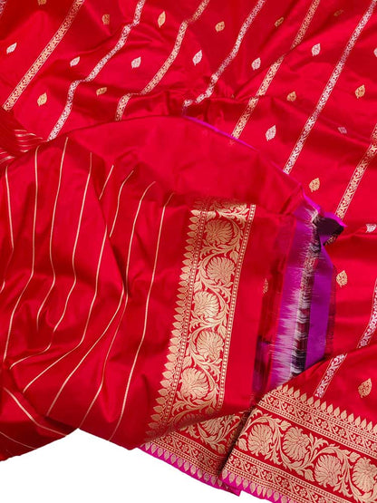 Red Handloom Banarasi Pure Katan Silk Saree - Luxurion World