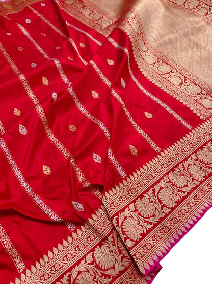 Red Handloom Banarasi Pure Katan Silk Saree - Luxurion World