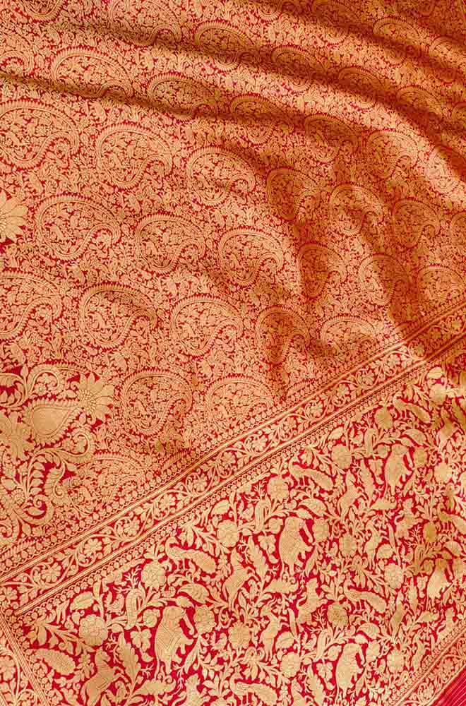 Red Handloom Banarasi Pure Katan Silk Shikargah Real Zari Saree - Luxurion World