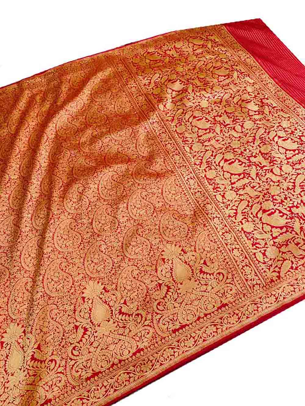 Red Handloom Banarasi Pure Katan Silk Shikargah Real Zari Saree - Luxurion World