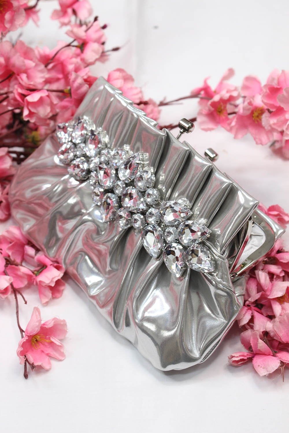Silver Shiny Leatherette Rhinestone Embellished Clutch Sling Bag Luxurionworld