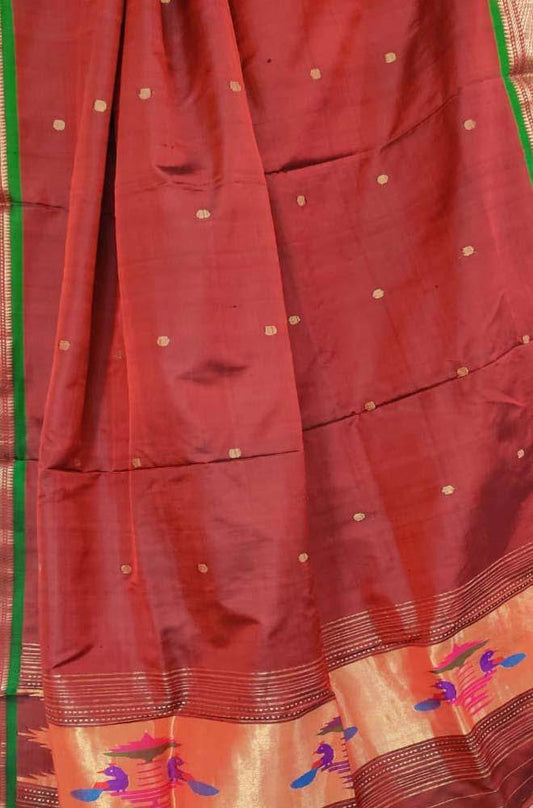 Maroon And Brown Handloom Paithani Pure Silk Peacock Design Dupatta - Luxurion World